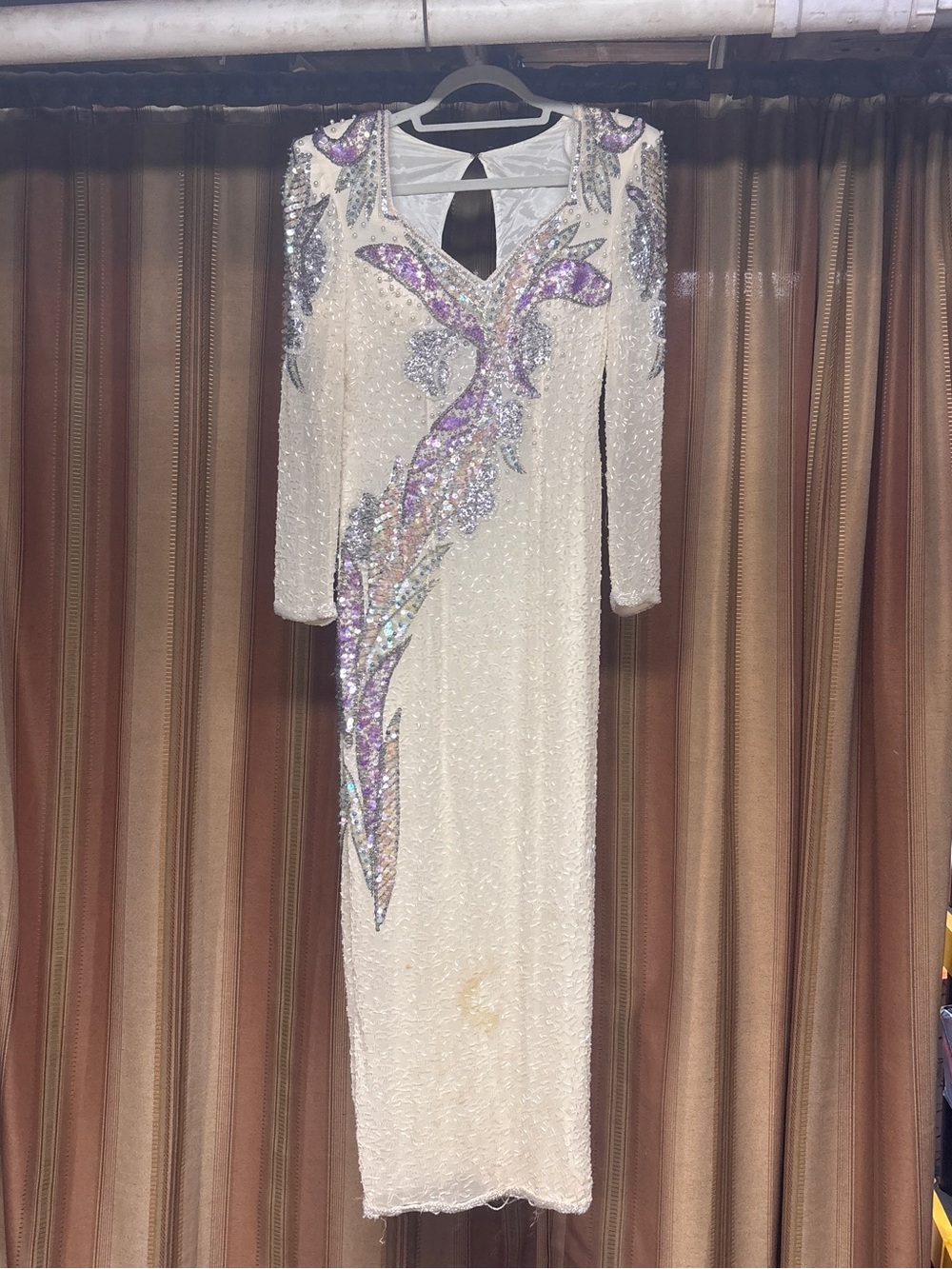 Sho Max Originals Ivory Long Sleeve Sequin Evening Gown with Lavender Accents